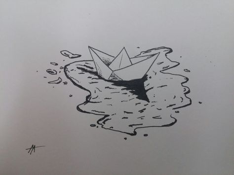 Paper Boat Lined Paper Drawing Ideas, Rapid Art Easy, Paper Boat Drawing, Paper Boat Tattoo, Art Rapid, Boat Sketch, Pen Art Work, Boat Drawing, Pen Art Drawings