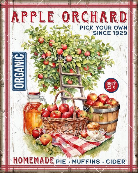 Farmhouse Apple Orchard Picnic Basket Cider Tree DIY Sign - Etsy Orchard Picnic, Apple Cider Sign, Cottagecore Posters, Apple Photo, French Paper, Sign Making, Vintage Apple, Apple Orchard, Homemade Pie