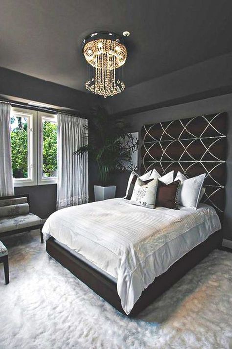 Painted Ceiling Bedroom, Dark Painted Ceiling, Maroon Bedroom, Modern Grey Bedroom, Grey Bedroom Ideas, Grey Bedroom Design, Restful Bedrooms, Grey Bedroom Decor, Dark Bedroom