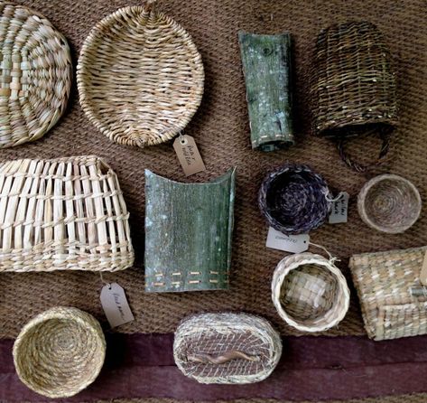 Baskets made from: reed mace (cattail); willow bark; brambles, clematis; iris leaves, wild grasses; chestnut bark Rush Baskets, Wild Grasses, Grass Basket, Basket Making, Natural Baskets, Wild Grass, Willow Bark, Bramble, Grasses