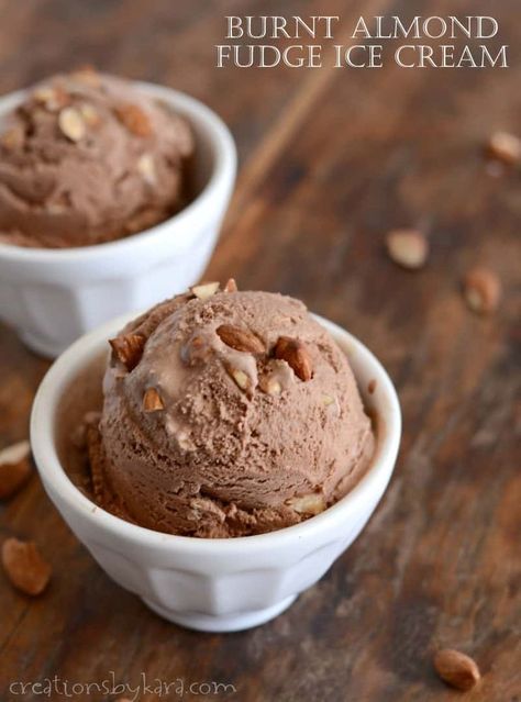 Burnt Almond Fudge Ice Cream recipe - homemade chocolate ice cream filled with roasted almonds. #burntalmondfudge #homemadeicecream #chocolateicecream #chocolateicecreamrecipe #icecreamrecipes #roastedalmonds #creationsbykara Almond Fudge Ice Cream, Vegan Almond Joy, Easy Halloween Cookies Recipes, Almond Fudge, Homemade Chocolate Ice Cream, Almond Ice Cream, Fudge Ice Cream, Halloween Cookie Recipes, Best Chocolate Desserts