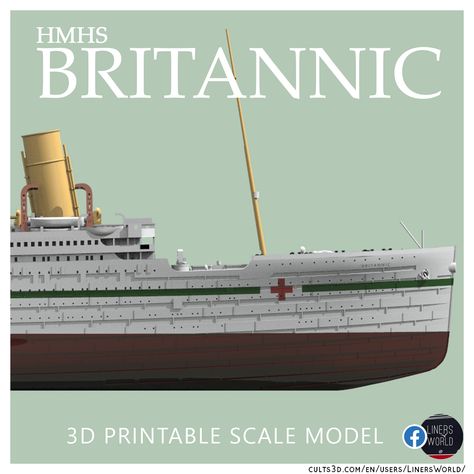 A detailed and accurate model of the HMHS Britannic,Titanic's younger sister, turned into a hospital ship during WWI. Optimized for 1/1250 and 1/1000 resin printing, but easily printable at other scales. Full hull and waterline models included! Britannic Ship, Hmhs Britannic, Best 3d Printer, Banner Ads, Titanic, Cruise Ship, Scale Models