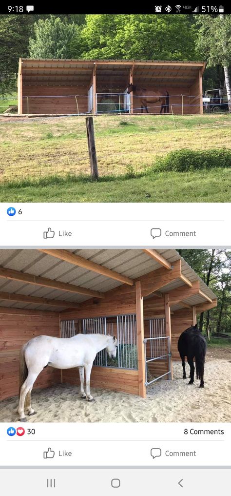 Horse Stable Outside, Horse Shelter With Hay Feeder, Outdoor Horse Feeding Stalls, Horse Shelter With Tack Room, Lean To Horse Shelter, Horses Stables Ideas, Horse House Ideas, Pasture Hay Feeder For Horses, Lean To Shed For Horses