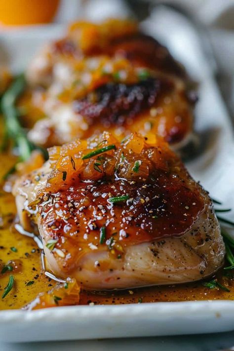 A detailed close-up of juicy, peach glazed chicken thighs arranged on a platter, emphasizing the caramelized glaze and fresh garnishes, showcasing the dish's appetizing texture and colors. Peach Chicken Thigh Recipes, Peach Chicken Thighs, Chicken With Peach Preserves, Peach Sauce For Chicken, Peach Glazed Chicken, Peach Chicken Recipes, Glazed Chicken Thighs, Chutney Chicken, Glazed Chicken Breast