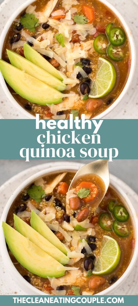 Southwest Chicken Quinoa Soup is an easy, healthy, gluten free dinner. Make it in the slow cooker, instant pot or on the stove. Perfect for dinner or meal prepping. Healthy, easy and yummy! Fodmap Soups, Healthy Gluten Free Dinner, Quinoa Soup Recipes, Beef Soups, Chicken Quinoa Soup, Crockpot Soups, Quinoa Soup, Easy Clean Eating Recipes, Southwest Chicken