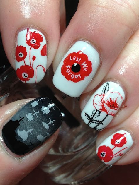 November Nails Gel, Anzac Nails, Remembrance Day Nails, Remembrance Nails, Nail Designs November, Poppy Nails, Lest We Forget Remembrance Day, November Nail, November Nail Designs