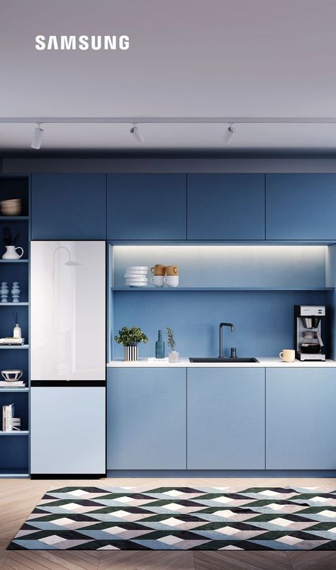 Samsung Bespoke Fridge Blue, Samsung Bespoke Kitchen, Samsung Bespoke Fridge, Mini Apartments, Samsung Bespoke, Samsung Fridge, Living Room Wall Color, Bespoke Kitchen Design, Room Wall Colors