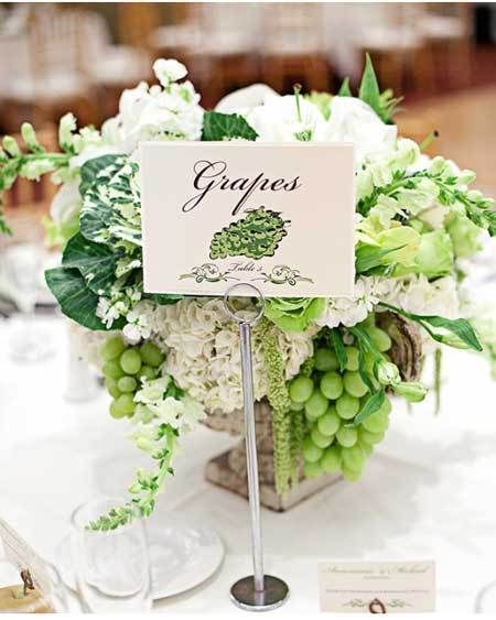 fruits and vegetable decor centrepieces witty vows Vineyard Wedding Centerpieces, Non Floral Centerpieces, Fruit Centerpieces, Gorgeous Centerpieces, Unique Wedding Flowers, Wedding Floral Centerpieces, Wedding Reception Tables, Flower Centerpieces Wedding, Green Grapes