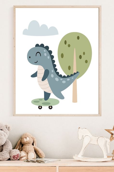 Introducing our whimsical and adventurous Dinosaur Nursery Prints!These nursery Prints make a perfect gift for baby showers, birthdays, or any occasion that celebrates the joy of childhood and the love for dinosaurs. They are not only appealing to children but also bring a touch of nostalgia and whimsy for adults too. Boy Nursery Dinosaur, Baby Boy Nursery Dinosaur, Dino Nursery, Nursery Dinosaur, Dinosaur Bedroom, Nursery Boy, Baby Boy Bedroom, Dinosaur Themed Birthday Party, Dinosaur Wall Art