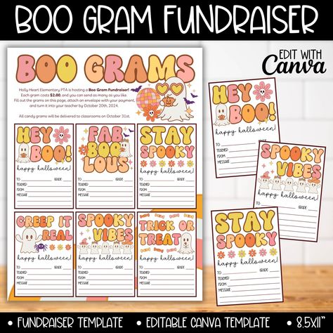 Halloween Boo Gram School Fundraiser Flyer Template, PTA PTO Groovy Hippie Ghost Boo Candy Grams, Spooky Grams Cheer Sport Fundraising Boo Gram, Easy School Fundraisers, Boo Grams, Sports Fundraisers, Unique Fundraisers, Pta Fundraising, Candy Grams, Digital Printing Services, Fundraiser Flyer