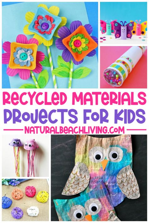 35 Recycled Materials Projects for kids using items you already have in your home. You'll find loads of fun ways to reuse toilet paper rolls, plastic bottles, bottle caps, cardboard boxes, and so much more with Recycled Crafts for Kids and DIY STEM Projects. #earthday #stem #recycledmaterials #crafts Diy Toys Recycled Materials, Recycled Crafts Kindergarten, Recycled Crafts For Kindergarten, Diy Recycled Projects For Kids, Reuse Toilet Paper Rolls, Recycling Projects For School, Recycled Crafts Kids Preschool, Diy Stem Projects, Recycled Crafts For Kids