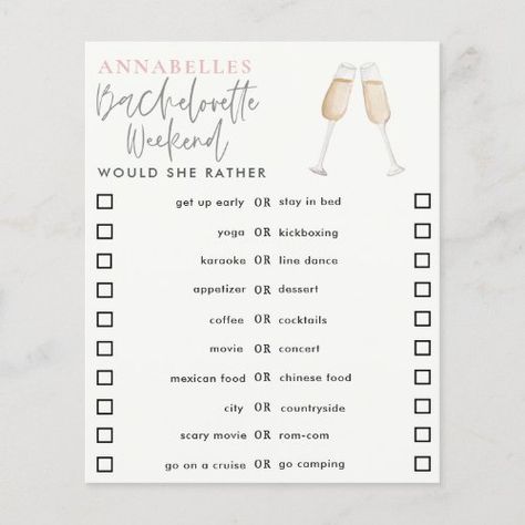 Bachelorette Questionnaire, Watercolor Drinks, Cocktail Watercolor, Bridal Shower Modern, Cocktail Movie, Game Bachelorette Party, Would She Rather Game, Bachelorette Game, Shower Modern