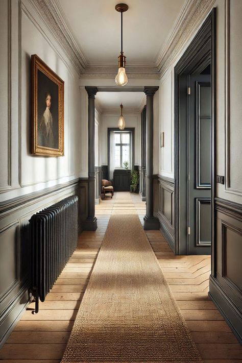 Elegant hallway design with decorative panelling, a jute runner, and soft natural light. Hallway Panelling Ideas, Hallway Panelling, Panelling Ideas, Hallway Paint Colors, Wainscoting Height, Shiplap Boards, Hallway Colours, Dark Hallway, Large Hallway