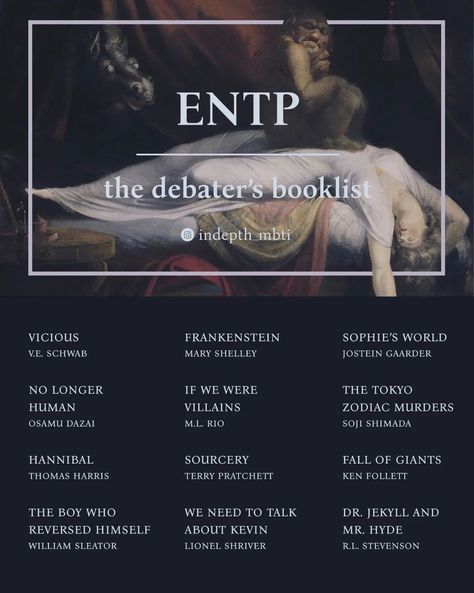 Mbti Literature, Books To Read For Intp, Entp Movie List, Mbti Booklist, Entp Booklist, Books For Intp, Infj Booklist, Entp Personality Type, Book Bucket