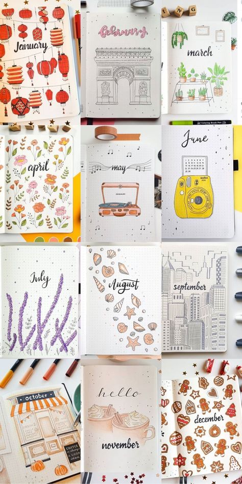 Journal Ideas For 2023, Cute Planner Ideas For School, Easy Diary Decoration Ideas, Month Journal Page Ideas, August Book Journal Ideas, Bujo Calendar Ideas, 2023 Bujo Ideas, Winter Doodles Bullet Journal, March Reading Journal Spread