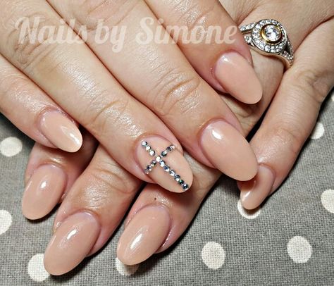 Nude Almond Shape Acrylic Nails with Rhinestone Cross Detail #nails #acrylicnails #almondnails #nudenails #nude #cross #rhinestones #rhinestonecross #nailsbysimone Detail Nails, Shape Acrylic Nails, Beige Nail, Beige Nails, Almond Shape, Nails 2020, Rhinestone Cross, Rhinestone Nails, Nude Nails