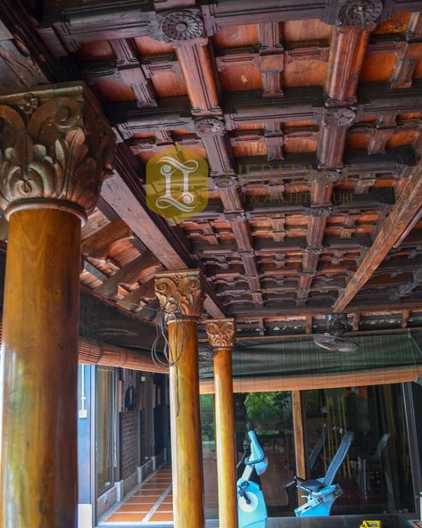 Wooden False Ceiling, Indian Arch, Public Plaza, Floor Panels, Indian Houses, Kerala Architecture, Ceilings Design, Traditional Restaurant, Mythology Paintings