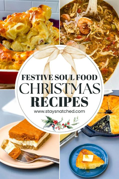 In this gathering of festive soul food Christmas recipes, you'll find Christmas main dishes, Southern-style side dishes, cornbread recipes, the best Christmas soul food desserts, easy Christmas breakfast and brunch ideas, and pretty Christmas cocktails. These recipes are perfect for making new traditionas with your family and friends at Christmas time. Christmas Soul Food, Brunch Main Dish, Soul Food Desserts, Desserts Easy Christmas, Southern Soul Food Recipes, South Recipes, Friends At Christmas, Easy Christmas Breakfast, Christmas Main Dishes