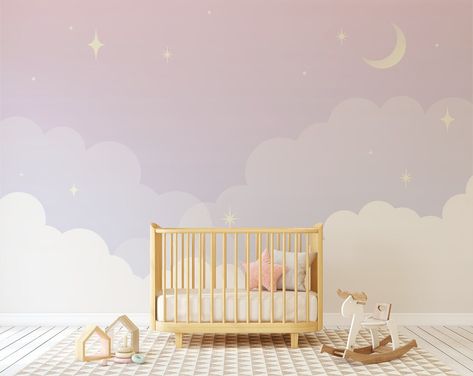 Nursery Wallpaper Mural Pastel Purple Night Sky Mural Easy - Etsy Australia Purple Baby Rooms, Night Sky Nursery, Purple Night Sky, Lilac Nursery, Sky Nursery, Kindergarten Wallpaper, Wall Art Mural, Purple Nursery, Purple Night