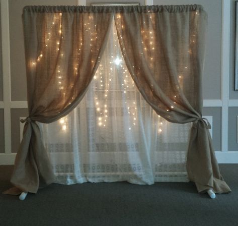 Something like this, with lights and burlap but not hanging down like that. And much prettier!!! Wedding Backdrop Ideas, Burlap And Lace Wedding, Diy Wedding Backdrop, Wedding Arches, Burlap And Lace, Backdrop Ideas, Burlap Lace, Burlap Wedding, Head Table