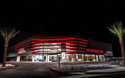 First Destination Porsche Dealership Open in Palm Springs | InsideHook Porsche At Night, Night Snapchat, Porsche Dealership, Show Rooms, Porsche Factory, Head Quarters, What Is Technology, Road Art, New Porsche