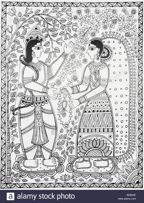 Download this stock image: Madhubani painting depicting marriage of Lord Rama and sita - BDB04E from Alamy's library of millions of high resolution stock photos, illustrations and vectors. Madhubani Coloring Pages, Madhubani Painting Sketches, Sita Ram Madhubani Painting, Madhubani Designs Pattern, Ram Sita Madhubani Painting, Radha Krishna Black And White, Madhubani Sketch, Rama Painting, Madhubani Krishna