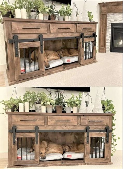 Dog House Inside, Dog Cabinet, Furniture Style Dog Crate, Dog Bedroom, Indoor Dog House, Diy Dog Crate, Tv Fal, Colorful Hairstyles, Wooden Dog Crate