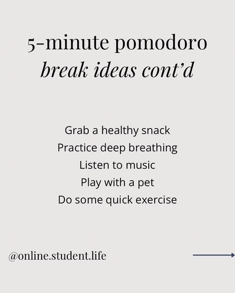 10 things to do on a short pomodoro break ⏰   📍Save this post to maximize your study sessions!   Did you know that a study published by the British Journal of Educational Psychology found that students who “[Took] pre-determined, systematic breaks during a study session…appeared to have efficiency benefits (i.e., similar task completion in shorter time) over taking self-regulated breaks.”   So the next time you’re wondering how to recharge during your next 5-minute pomodoro break, swipe throu... Study Session, How To Study, Study Sessions, Educational Psychology, Quick Workout, To Study, Listening To Music, Healthy Snacks, Knowing You