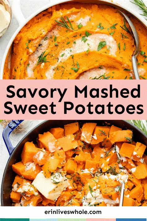 Upgrade your normal mashed potatoes with this Savory Mashed Sweet Potatoes recipe. We're using a mix of butter, Greek yogurt, and various spices to create a well-seasoned, fluffy bowl of potato deliciousness! Best Mashed Sweet Potatoes, Roasted Mashed Sweet Potatoes, Mashed Sweet Potatoes Savory, Sweet Potato Recipes Savory, Greek Sweet Potato, Mashed Sweet Potato Recipes, Savory Mashed Sweet Potatoes, Yacht Food, Mashed Sweet Potatoes Healthy