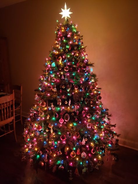 Colour Lights Christmas Tree, Rainbow Christmas Lights Tree, Christmas Colored Lights Tree, Colourful Lights Christmas Tree, Multi Colored Lights Christmas Tree Ideas, Bright Coloured Christmas Tree, Christmas Colorful Lights, Red Lights Christmas Tree, Christmas Tree Decor Aesthetic