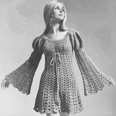 1969 Crochet Juliet Dress | Rita Holcomb | Flickr 70s Mode, Angel Sleeves Dress, Crocheted Dress, Mini Tunic Dress, Fashion 1960s, Crochet Vintage, Crochet Dress Pattern, Boho Lace, Vestidos Vintage