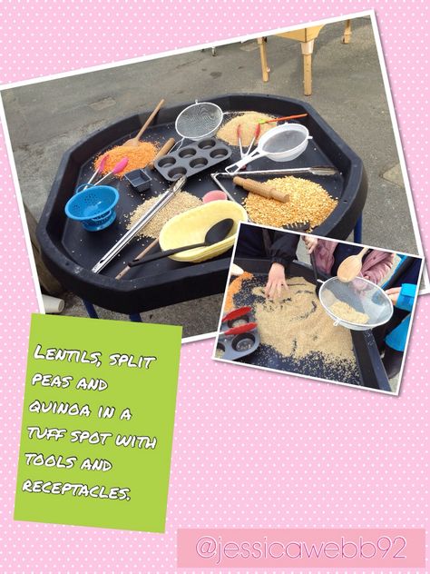 Lentils and pulses with tools and receptacles... endless exploration. EYFS Eyfs Outdoor, Investigation Area, Eyfs Outdoor Area, Tuff Tray Ideas, Reception Classroom, Reception Activities, Tuff Spot, Eyfs Classroom, Continuous Provision