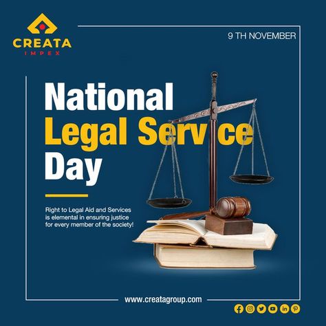 Since 1995, the 9th of November has been celebrated annually as National Legal Services Day. This day commemorates the enactment of the Legal Services Authorities Act 1987. The Day is celebrated to create awareness among people about the various provisions under the Legal Services Authorities Act and the rights of the litigants. The aim of celebrating this day is to offer free of charge and proficient legal services to people belonging to the weaker sections of society. Services Poster, Awareness Poster, Create Awareness, Legal Services, Graphic Design Posters, Special Day, Poster Design, Acting