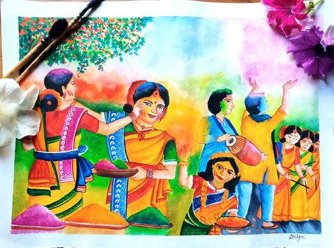 Watercolor painting Holi Festival Painting, Holi Painting Watercolor, Village Scenery Painting, Village Watercolor Painting, Ladybird Drawing, Candle Art Painting, Drawing Village, Subject Drawing, Watercolor Village