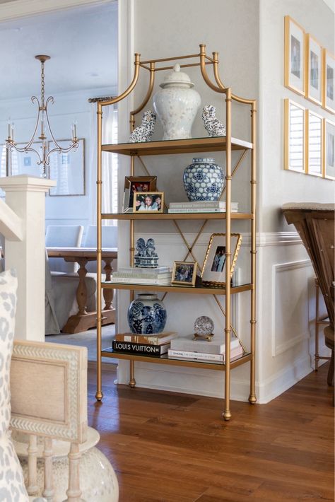 Grandmillenial Bookshelf, Etagere Bookcase Styling, Transitional Bookshelf, Grandmellinial Decor, Gold Bookshelf Decor, Chinoiserie Decorating Living Room, Brass Bookshelf, Classy Homes, Gold Bookcase