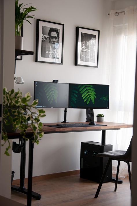 Home Office Ideas Shelves, Two Monitor Desk Setup Office Minimalist, Home Office Dual Monitors Desk Setup, Dual Monitor Setup Home Office Ideas, Modern Wood Desk, Monitor Setup, Dual Monitor Setup, Bedroom Workspace, Minimalist Home Office