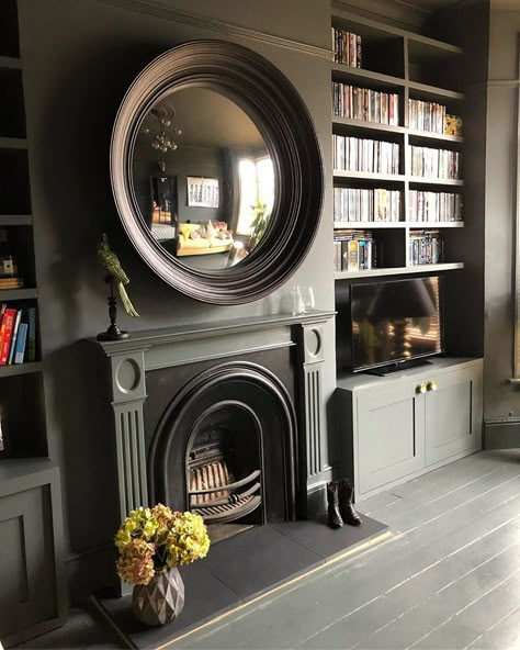 Mirror Fireplace Mantle, Mirror Above Fireplace, Alcove Ideas Living Room, Victorian Living Room, Dark Living Rooms, Iron Fireplace, Victorian Fireplace, Cast Iron Fireplace, Fireplace Mirror