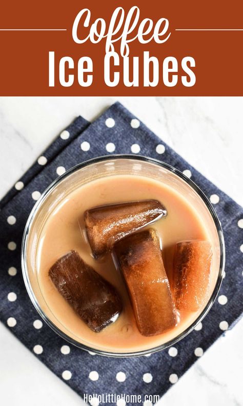 Love Iced Coffee? Then you need to try these Frozen Coffee Cubes! Learn how to make Coffee Ice Cubes with this simple recipe + basic ingredients: freshly Brewed Coffee (or Espresso, Cold Brew, Instant Coffee, etc.), ice cube tray, and sweetener or flavorings (optional). Use these Iced Coffee Cubes to turn hot coffee into Cold Coffee without diluting your drink. Great way to use Leftover Coffee! This recipe for freezing coffee is Vegetarian, Vegan, Gluten Free, Dairy Free. | Hello Little Home Coffee Ice Cubes, Honey Coffee, Coffee Ice, Chocolate Caliente, How To Make Coffee, Milk And Honey, Coffee Cafe, Ice Cubes, Frozen Treats