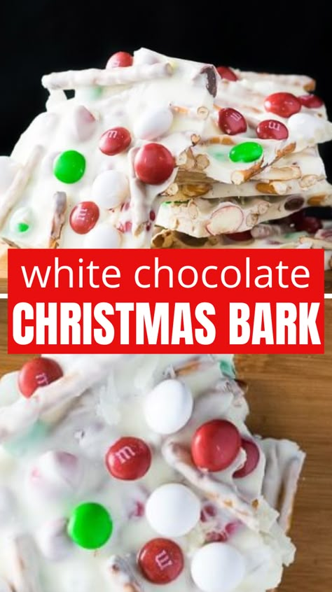 White Chocolate Christmas Bark is a no bake Christmas dessert that takes minutes to make. Mini M&M's give this chocolate bark added crunch and flavor. #whitechocolate #christmas #bark #dessert #nobake #holiday #partydessert Christmas Chocolate Bark Recipes, Christmas Chocolate Bark, Chocolate Bark Christmas, Christmas Bark Recipes, Christmas Bark, White Chocolate Bark, Chocolate Bark Recipe, Bark Recipes, Candy Bark