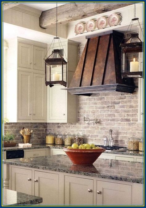 (ad) Kitchen Backsplash Traditional Farmhouse Kitchen, Brick Backsplash Kitchen, Farmhouse Kitchen Backsplash, Rustic Kitchen Cabinets, Brick Kitchen, Kitchen Backsplash Designs, Tuscan Kitchen, Farmhouse Kitchen Cabinets, Farmhouse Kitchen Design