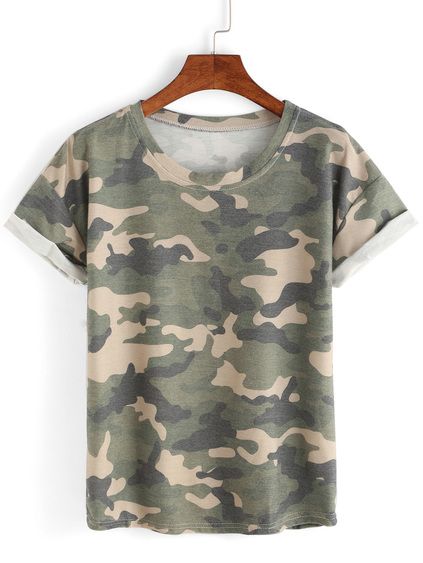 Rolled Sleeve Camouflage T-shirt Short Cuir, Camouflage T Shirts, Womens Summer Shorts, Womens Tops Summer, Looks Vintage, Casual T Shirts, Print Tops, Camouflage, Short Sleeves Tops