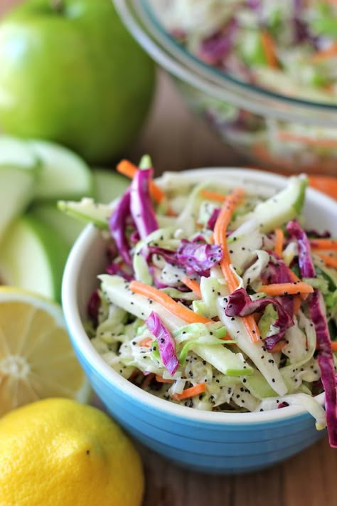 Apple and Poppy Seed Coleslaw. Poppy Seed Coleslaw Recipe, Apple Coleslaw Recipe, Apple Coleslaw, Cabbage Carrot, Vegan Coleslaw, Easy Vegetable Side Dishes, Coleslaw Recipe, Green Cabbage, Poppy Seeds