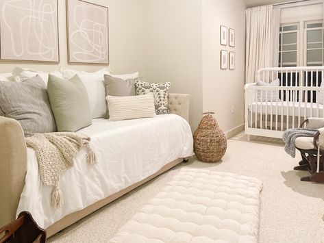 Neutral Nursery With Daybed, Nursery Day Bed Ideas, Cream Crib Nursery, Picture Shelf Nursery, Daybed Styling Ideas Nursery, Nursery And Guest Room Combo Small Spaces, Nursery Daybed Ideas, Baby Room With Queen Bed, Day Bed And Crib Room