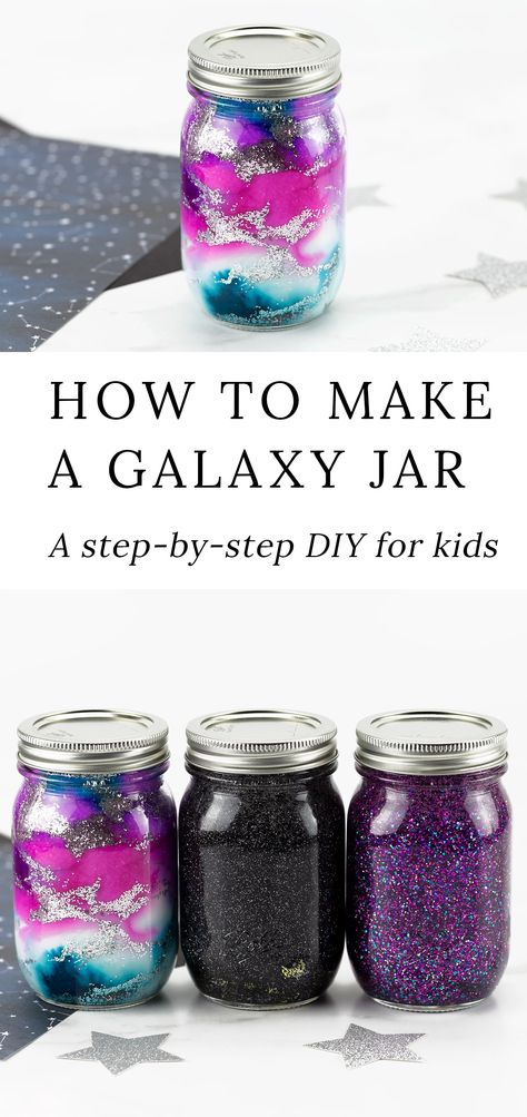 Nebula Jars Diy, Galaxy Snow Globe Diy, Nebula In A Jar, Galaxy In A Jar Diy, Galaxy Jar Craft, How To Make Galaxy Jars, Diy Glitter Jars Calm Down, Glow In The Dark Galaxy Jars, Galaxy Sleepover Party