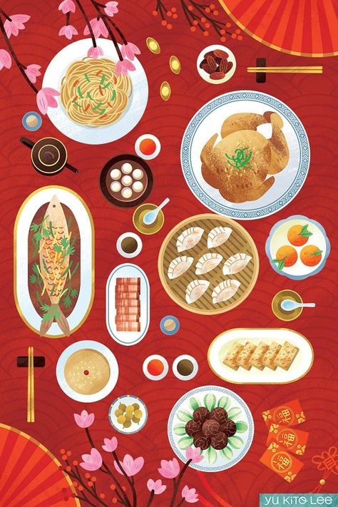 illustrated greeting card for Chinese New Year Chinese Food Illustration, Japanese Food Illustration, Chinese New Year Food, Tea Illustration, New Year Illustration, Chinese New Year Greeting, Food Illustration Art, Illustration Portfolio, Advocate Art