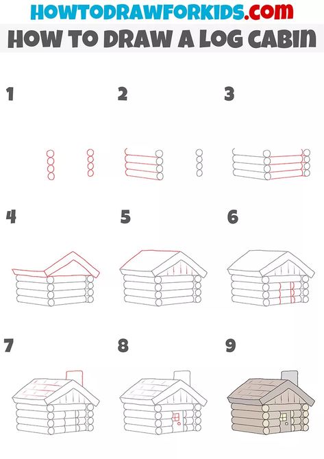 How to Draw a Log Cabin - Easy Drawing Tutorial For Kids How To Draw A Porch, Easy Cabin Drawing, How To Draw A Cabin, How To Draw A Cottage Step By Step, Cabin Doodles Simple, How To Draw A Cabin Step By Step, Cabin Drawing Simple, Cabin Drawing, How To Draw A House