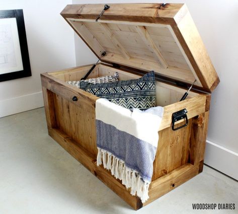 DIY hope chest So many options in one project! #woodworking Diy Hope Chest, Diy Storage Trunk, Woodshop Diaries, Chests Diy, Diy Cabinet Doors, Chest Ideas, Free Building Plans, Diy Storage Bench, Storage Trunk