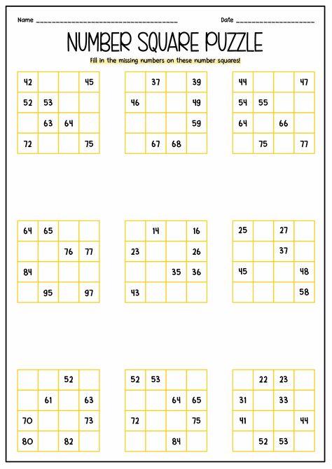 Square Worksheet, Identifying Numbers, Number Sequence, Square Grid, Missing Numbers, Number Patterns, Math Practice, Math Practices, Number Sense