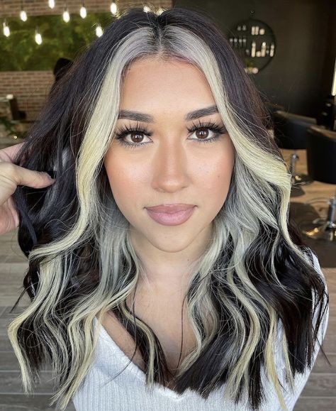 Color Hair With Money Piece, Dark Brown With Blonde In Front Hair, Dark Hair With Platinum Peekaboo, Black Hair With Bright Blonde Highlights, Black Hair With Two Blonde Streaks, Black Hair With Front Pieces Dyed Blonde, Blonde Halo On Black Hair, Drastic Money Piece Hair, Money Piece Hair Black And Blonde