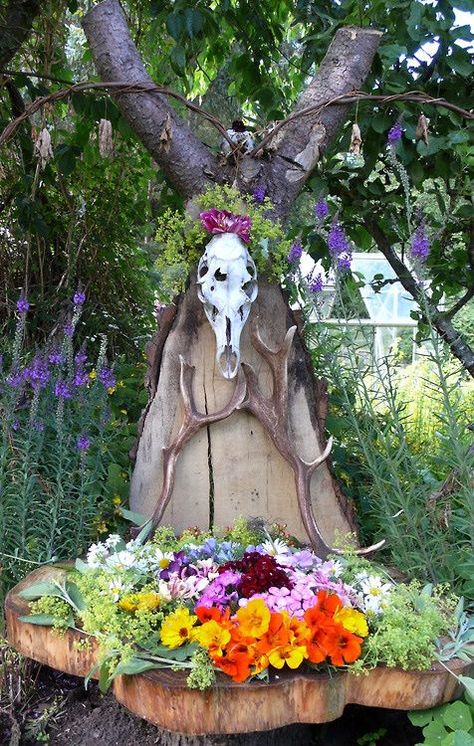 outdoor alter Sacred Space Altar, Witchy Garden, Tattoo Plant, Pagan Festivals, Witch Garden, Witches Altar, Animal Skull, Pagan Altar, Beltane